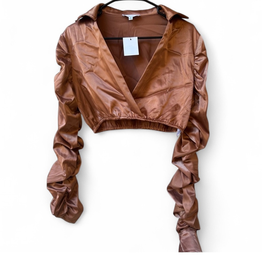 Cherry Mellow - Brown Glittered Ruched Sleeve Wrap Crop Top/ Small
